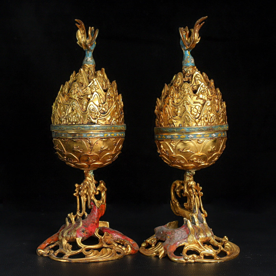 A0618 Vintage Chinese Gilt Gold Copper Cloisonne Incense Burner