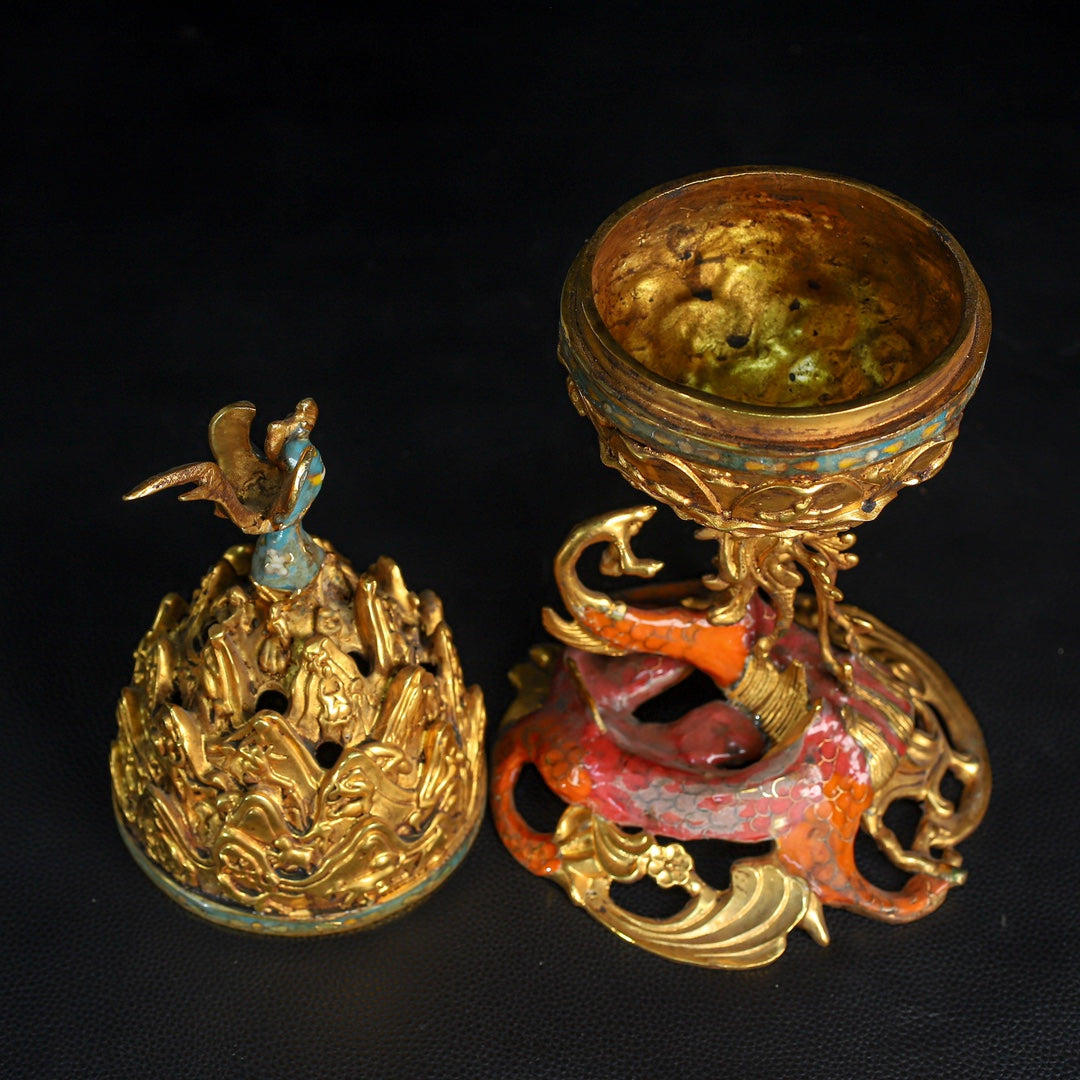 A0618 Vintage Chinese Gilt Gold Copper Cloisonne Incense Burner