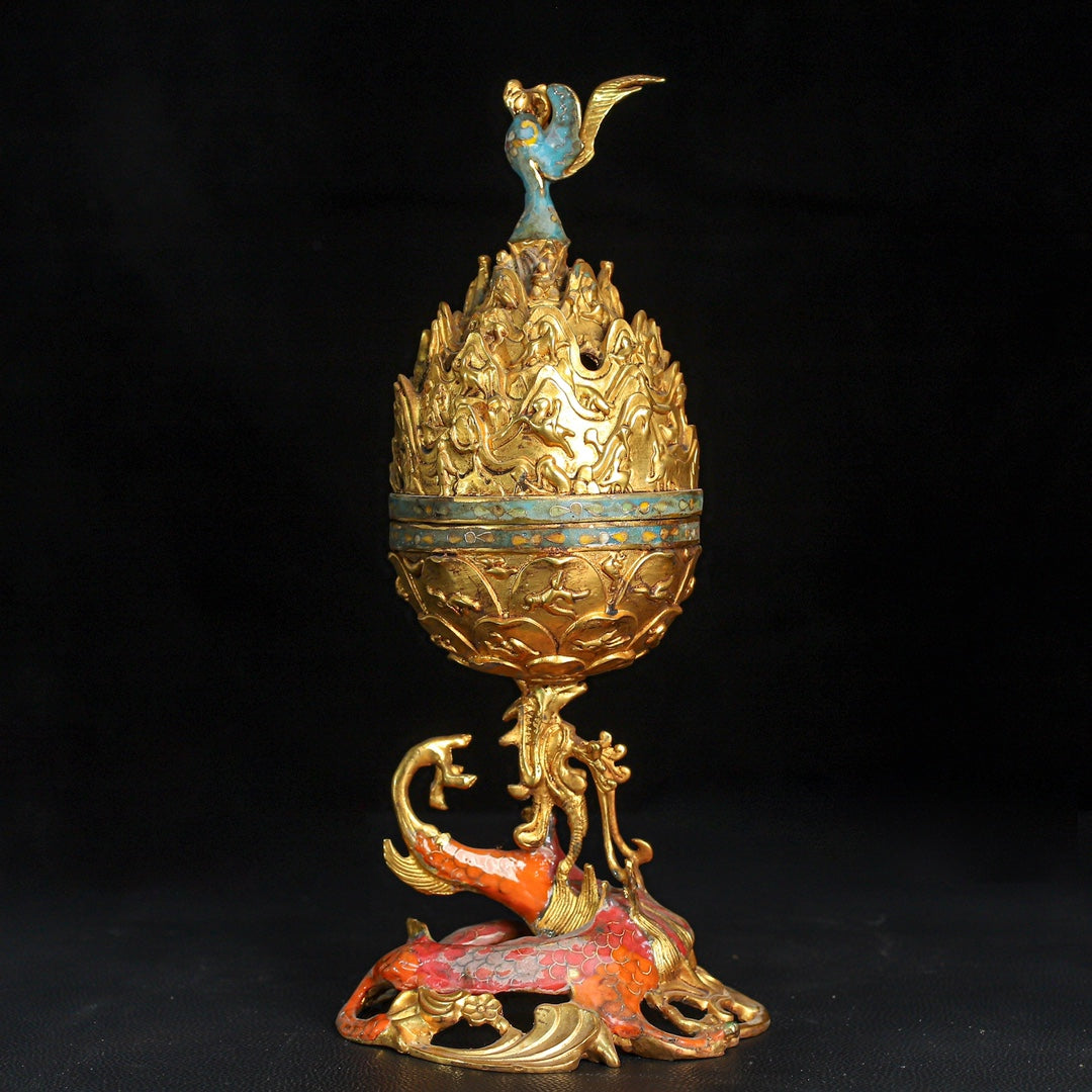 A0618 Vintage Chinese Gilt Gold Copper Cloisonne Incense Burner