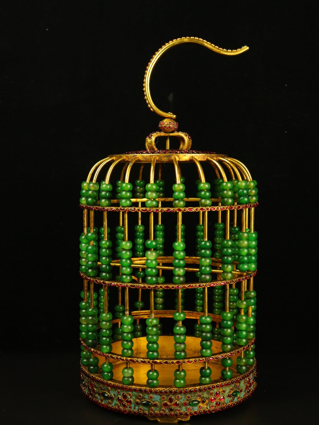 A0620 Exquisite Chinese Gilt Gold Copper Inlay Green Jade & Gems Birdcage