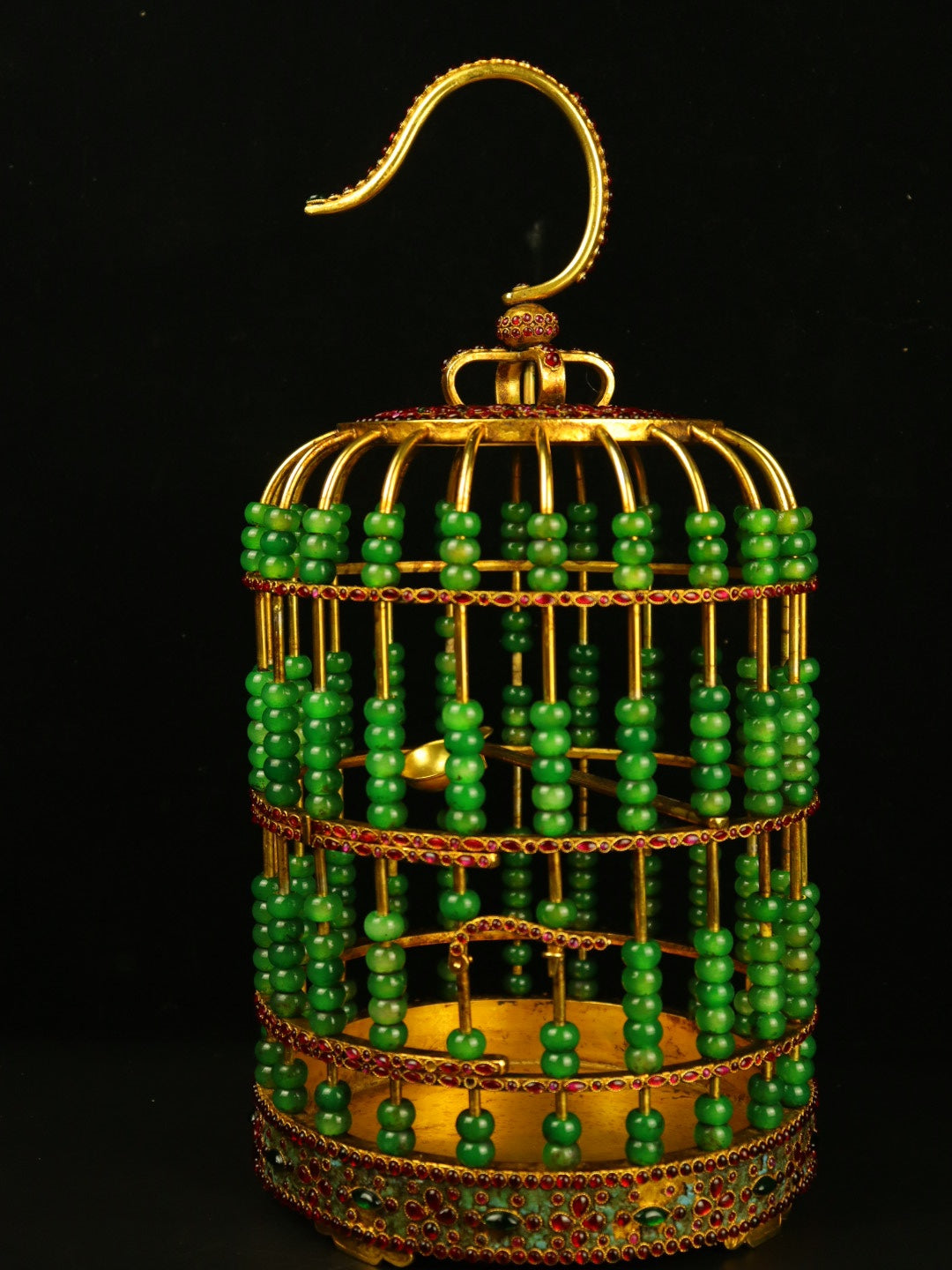 A0620 Exquisite Chinese Gilt Gold Copper Inlay Green Jade & Gems Birdcage