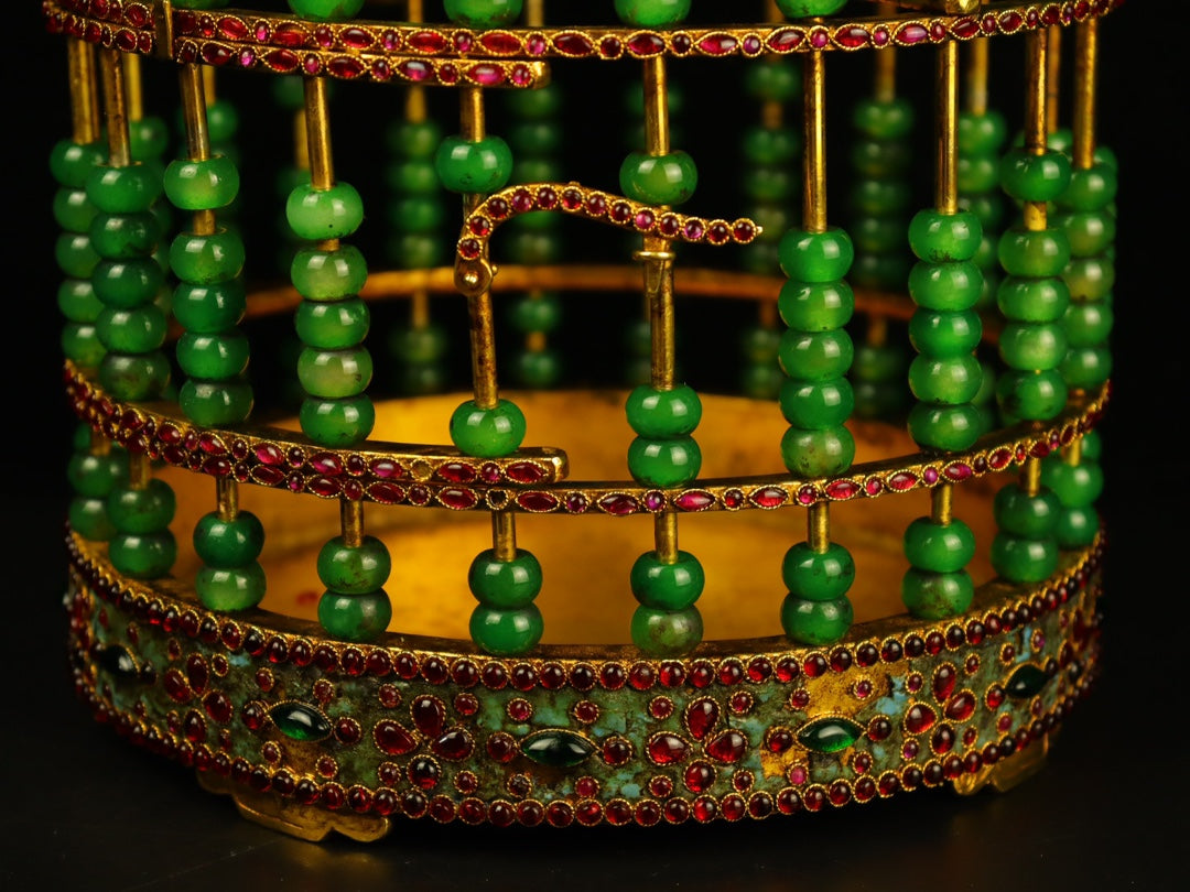A0620 Exquisite Chinese Gilt Gold Copper Inlay Green Jade & Gems Birdcage