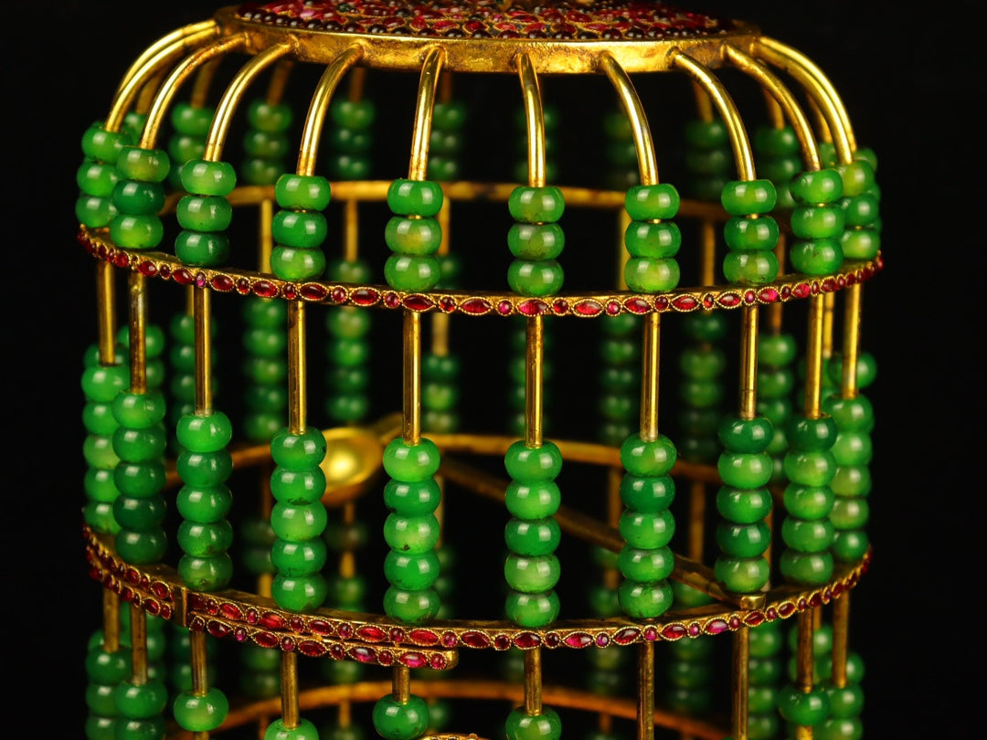 A0620 Exquisite Chinese Gilt Gold Copper Inlay Green Jade & Gems Birdcage