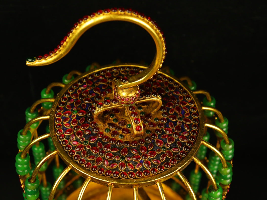 A0620 Exquisite Chinese Gilt Gold Copper Inlay Green Jade & Gems Birdcage