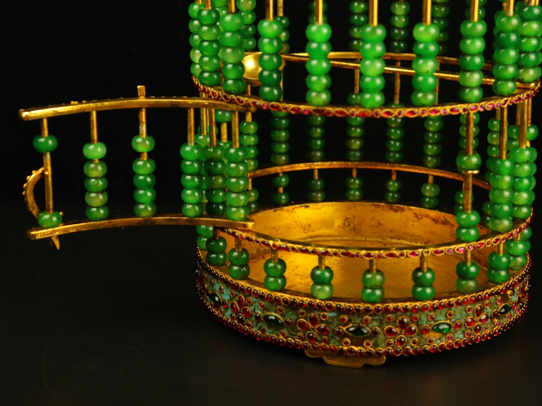 A0620 Exquisite Chinese Gilt Gold Copper Inlay Green Jade & Gems Birdcage