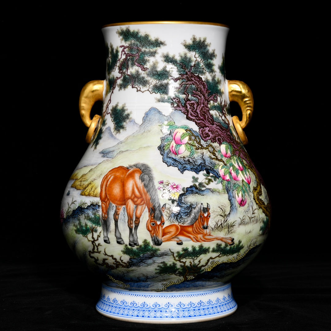 A0621 Chinese Gilt Edge Famille Rose Pine Tree & Horse & Peach Design Porcelain Vase