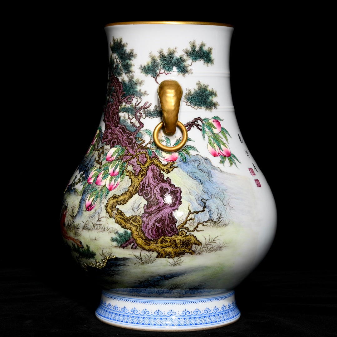 A0621 Chinese Gilt Edge Famille Rose Pine Tree & Horse & Peach Design Porcelain Vase