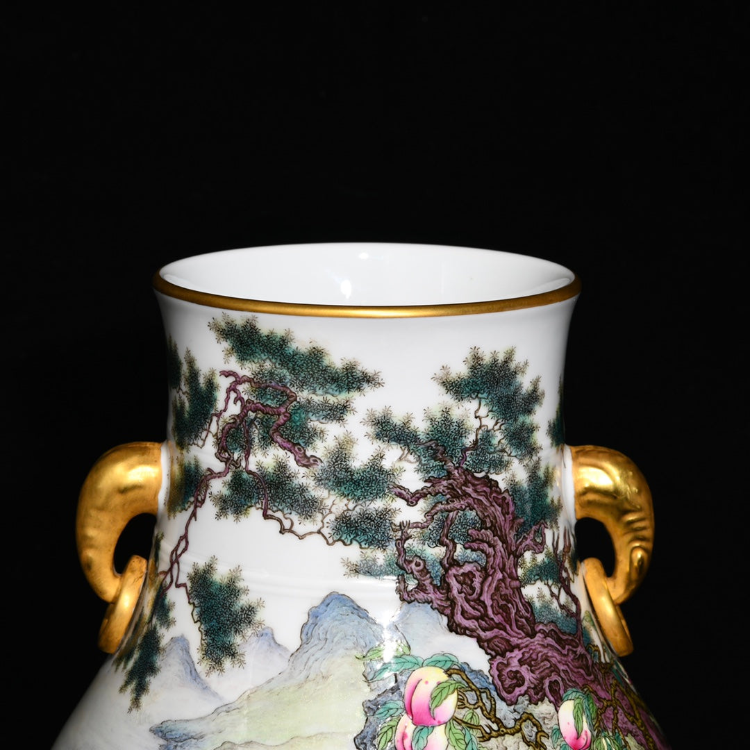 A0621 Chinese Gilt Edge Famille Rose Pine Tree & Horse & Peach Design Porcelain Vase