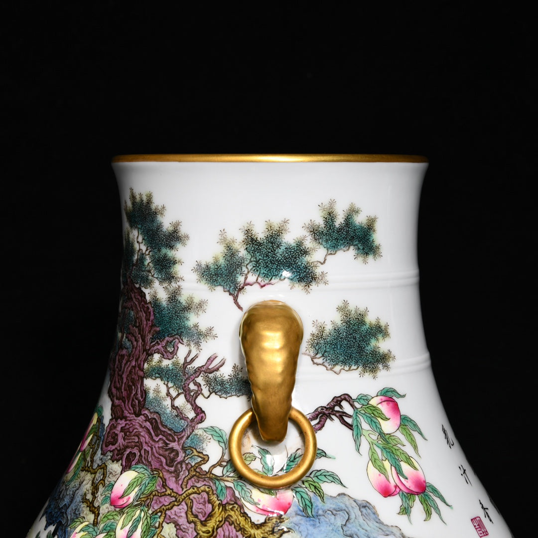 A0621 Chinese Gilt Edge Famille Rose Pine Tree & Horse & Peach Design Porcelain Vase