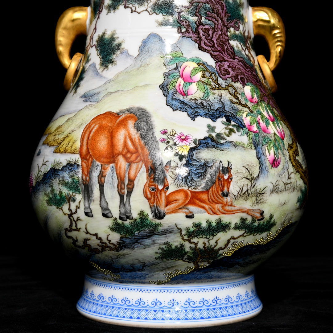 A0621 Chinese Gilt Edge Famille Rose Pine Tree & Horse & Peach Design Porcelain Vase