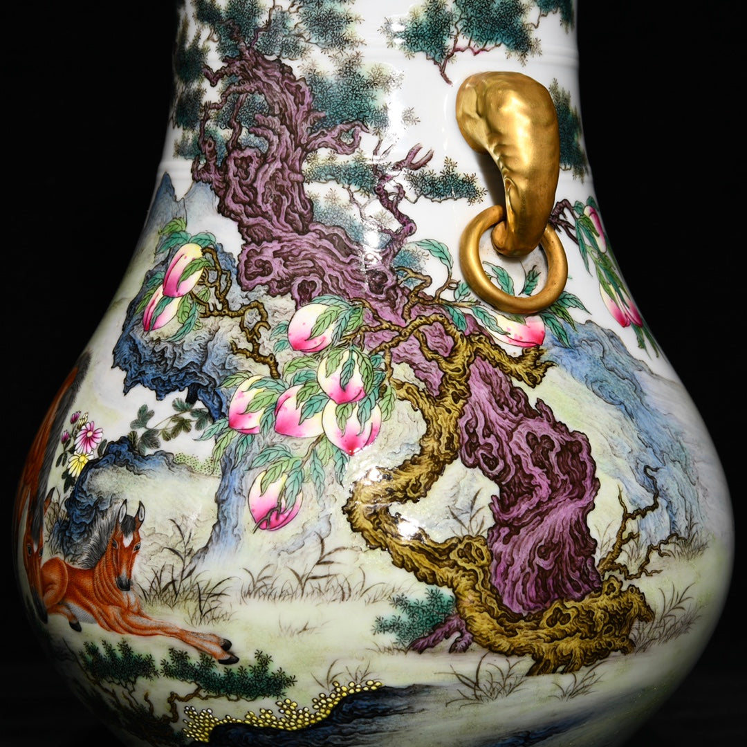 A0621 Chinese Gilt Edge Famille Rose Pine Tree & Horse & Peach Design Porcelain Vase