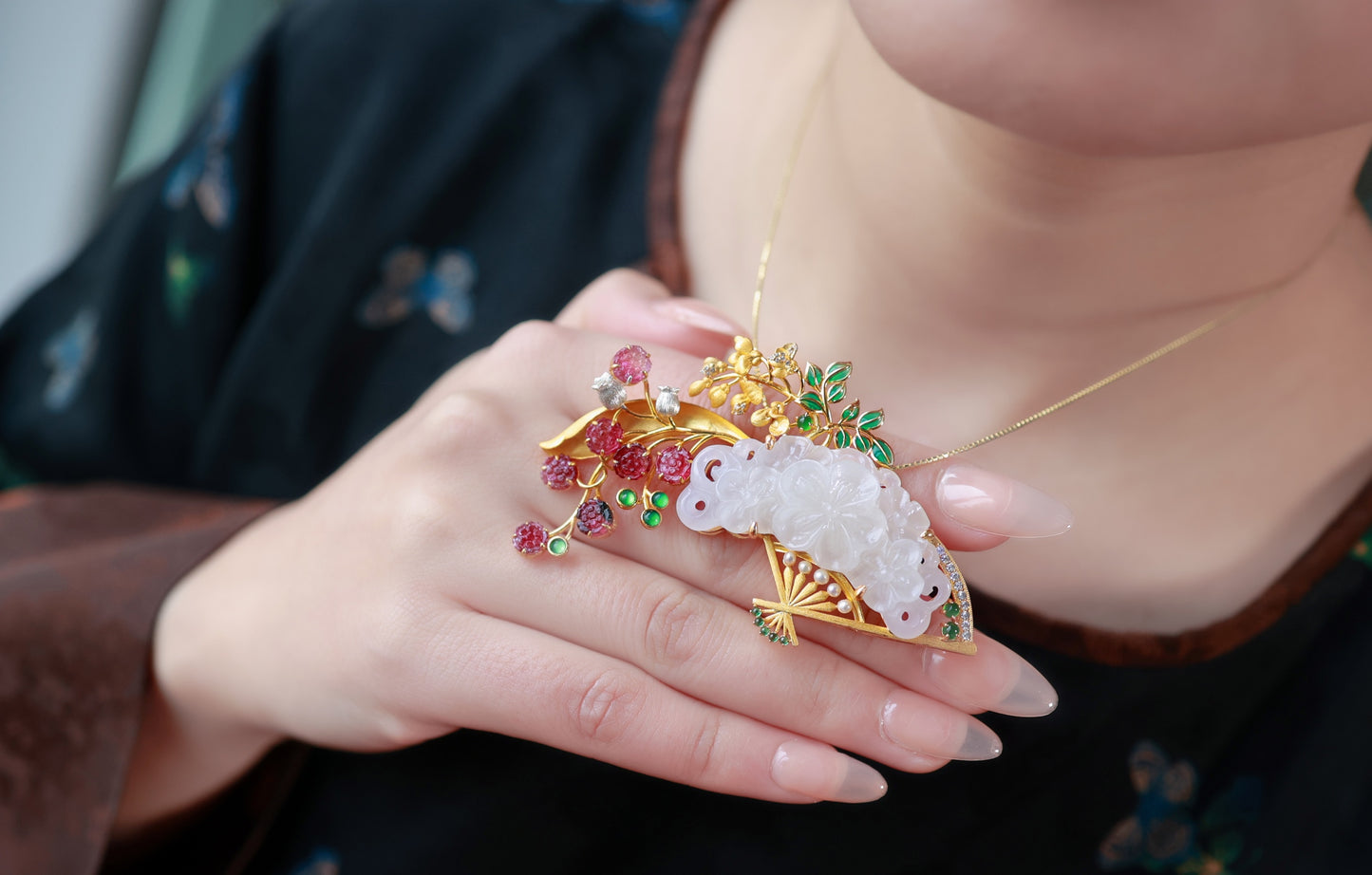 A0626 Exquisite Silver Plated Gilt Gold Inlay White Hetian Jade & Tourmaline & Jadeite Fan Shape Brooch/Pendant