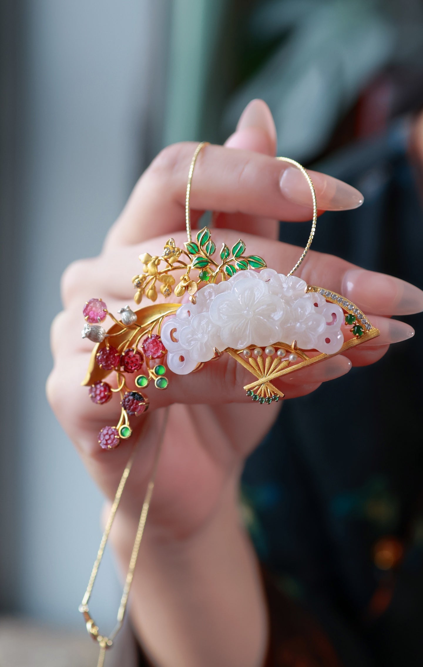 A0626 Exquisite Silver Plated Gilt Gold Inlay White Hetian Jade & Tourmaline & Jadeite Fan Shape Brooch/Pendant