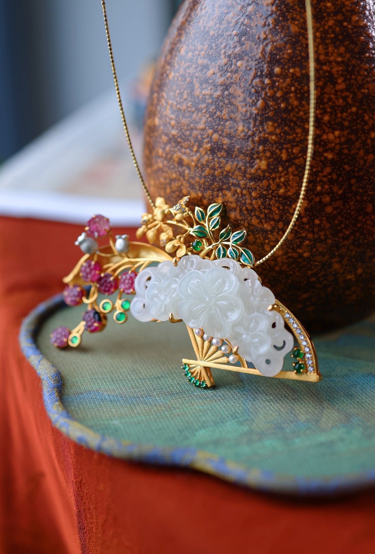 A0626 Exquisite Silver Plated Gilt Gold Inlay White Hetian Jade & Tourmaline & Jadeite Fan Shape Brooch/Pendant