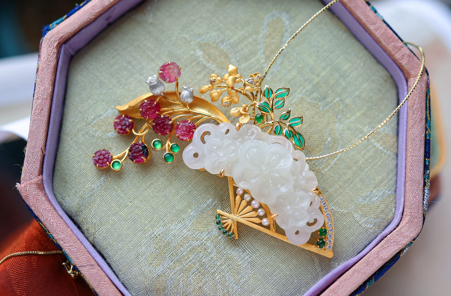 A0626 Exquisite Silver Plated Gilt Gold Inlay White Hetian Jade & Tourmaline & Jadeite Fan Shape Brooch/Pendant