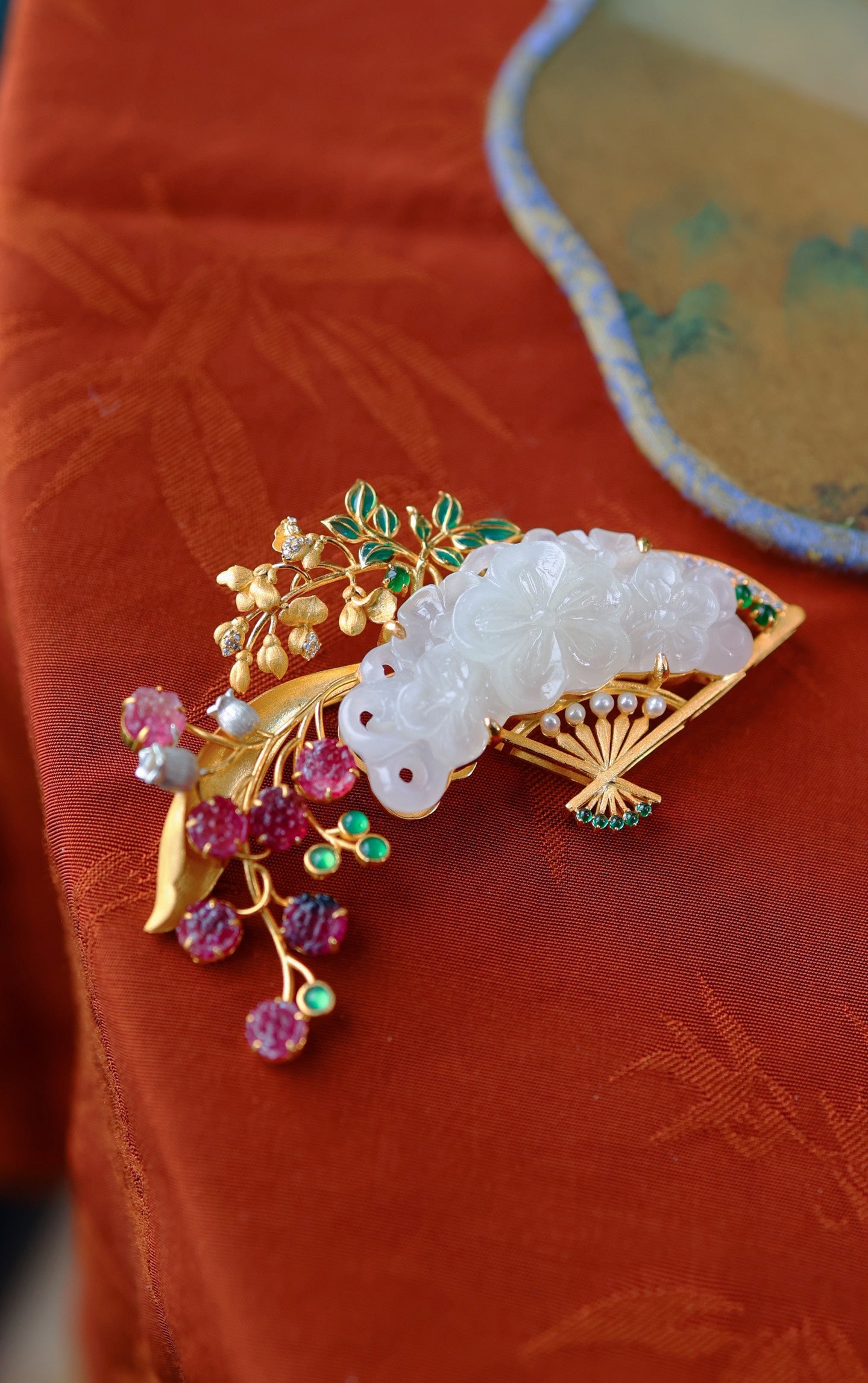A0626 Exquisite Silver Plated Gilt Gold Inlay White Hetian Jade & Tourmaline & Jadeite Fan Shape Brooch/Pendant