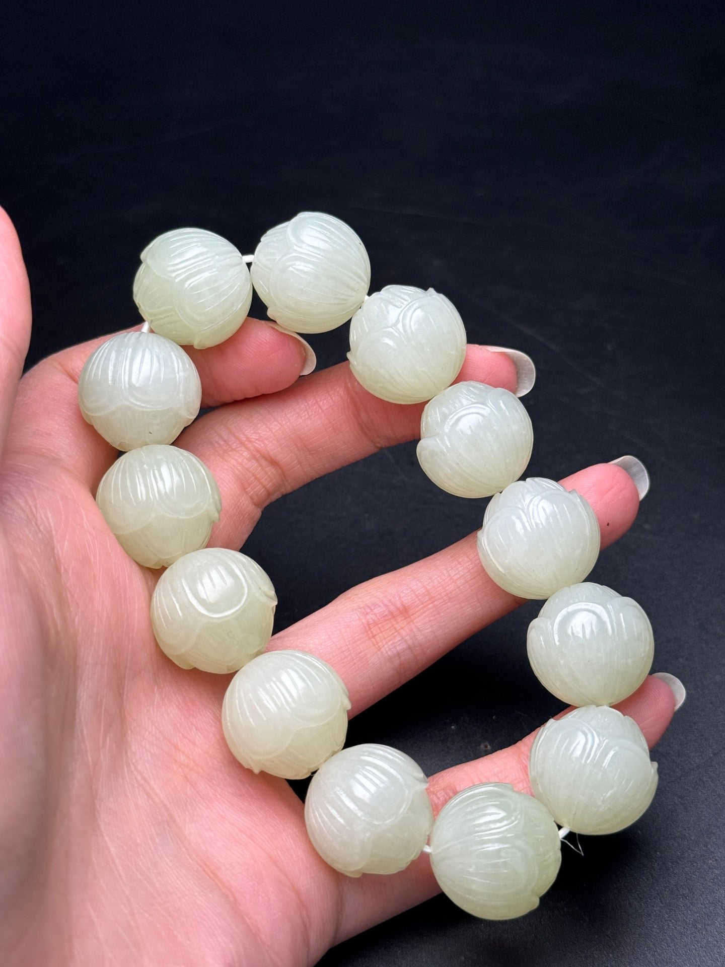 A0630 18mm Chinese Natural Hetian Jade Lotus Flower Beads Bracelet
