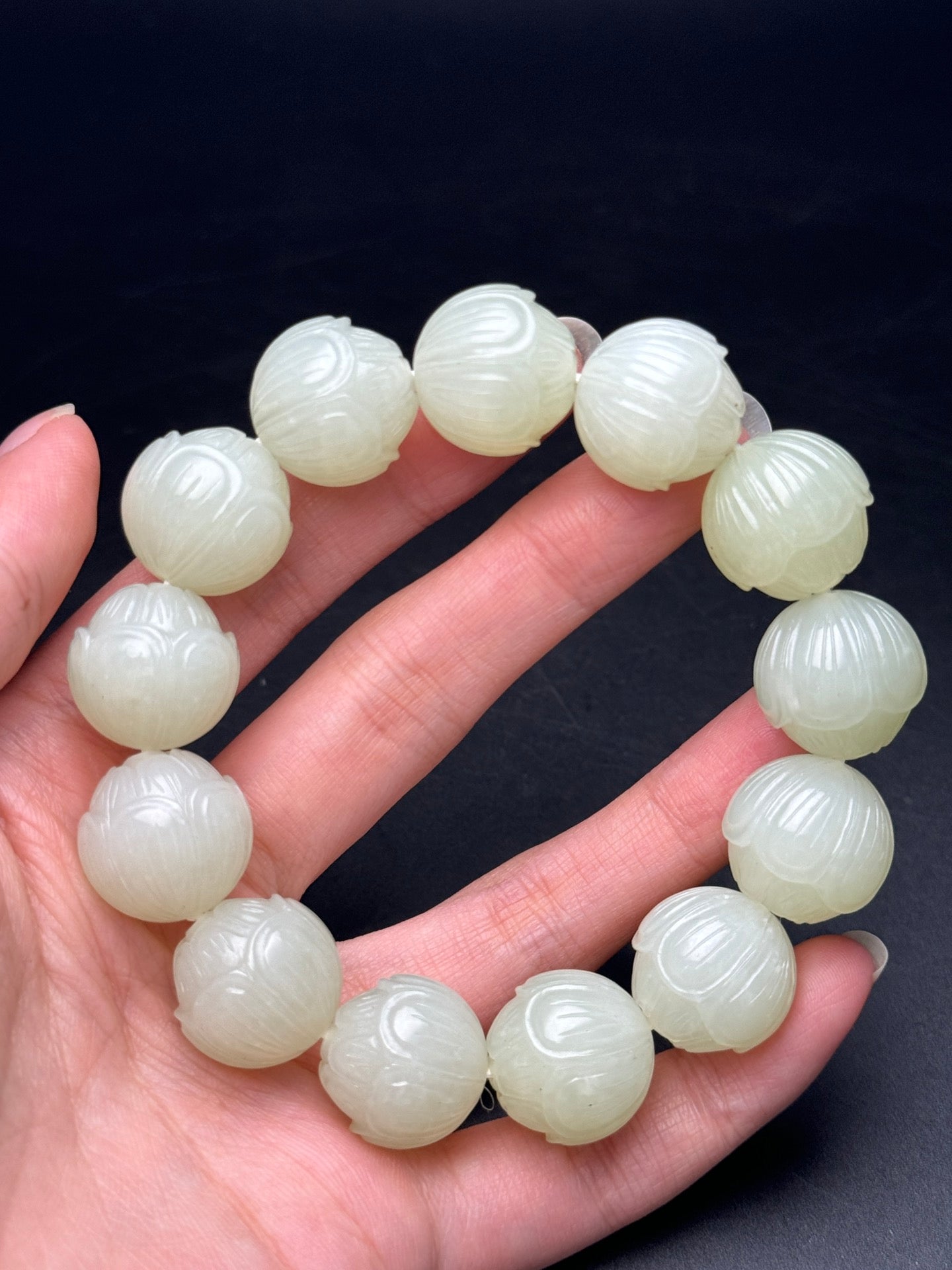 A0630 18mm Chinese Natural Hetian Jade Lotus Flower Beads Bracelet