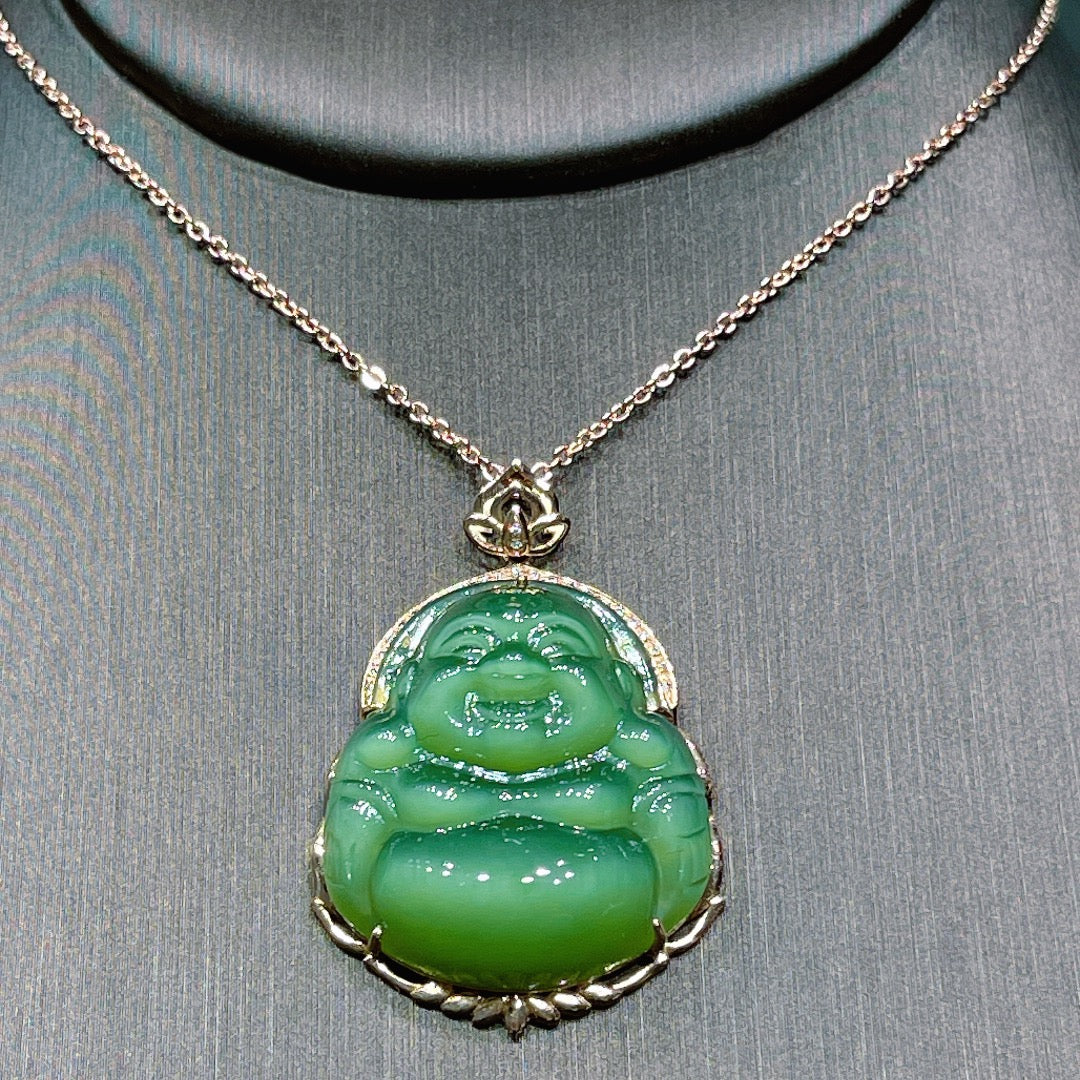A0633 Exquisite 18K Gold Inlay Green Hetian Jade Laughing Buddha Pendant/Necklace