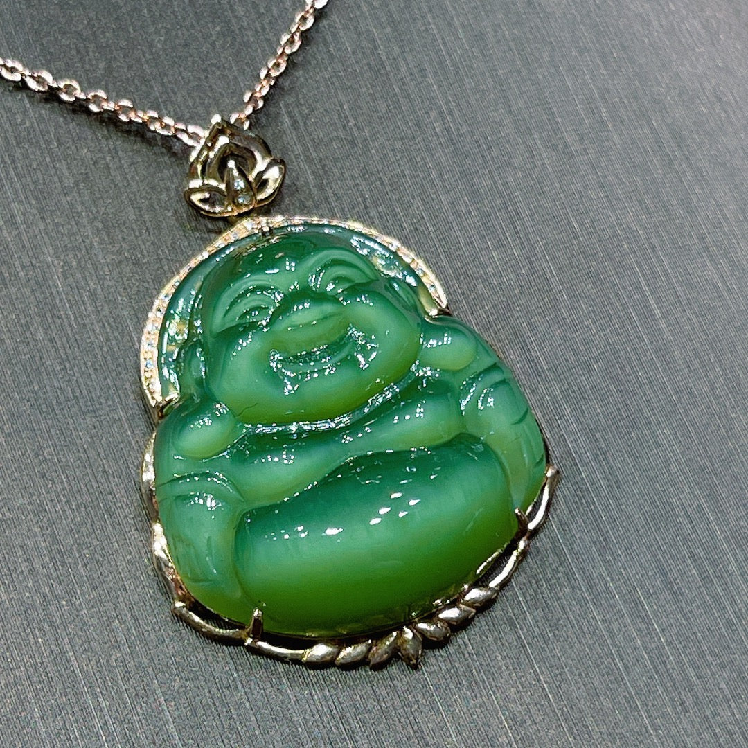 A0633 Exquisite 18K Gold Inlay Green Hetian Jade Laughing Buddha Pendant/Necklace