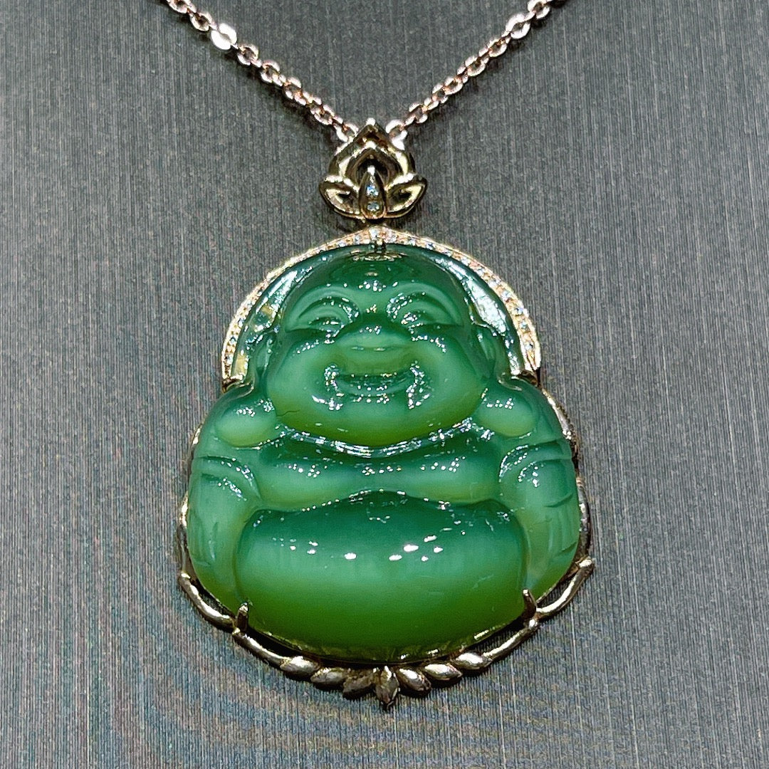 A0633 Exquisite 18K Gold Inlay Green Hetian Jade Laughing Buddha Pendant/Necklace