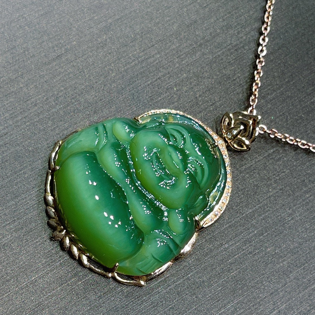 A0633 Exquisite 18K Gold Inlay Green Hetian Jade Laughing Buddha Pendant/Necklace