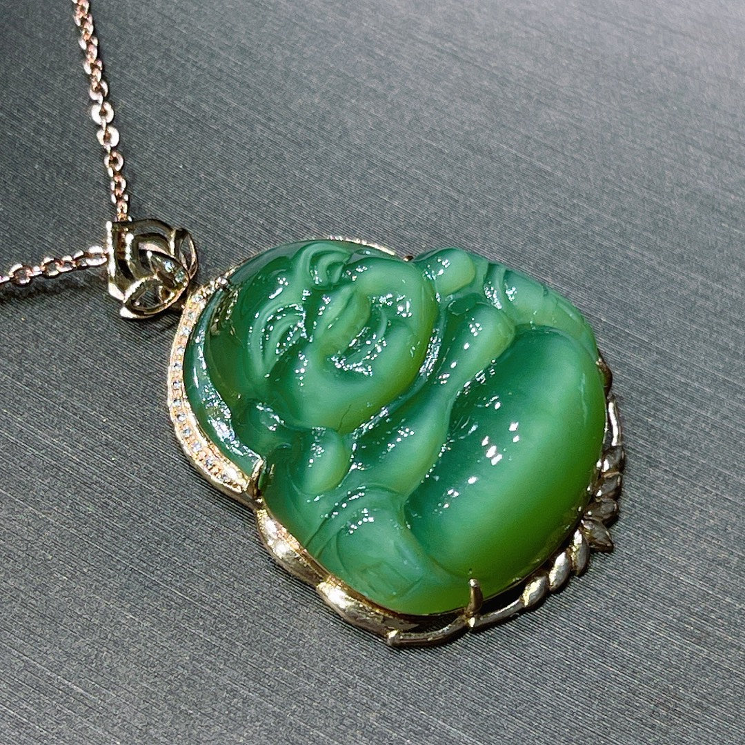 A0633 Exquisite 18K Gold Inlay Green Hetian Jade Laughing Buddha Pendant/Necklace