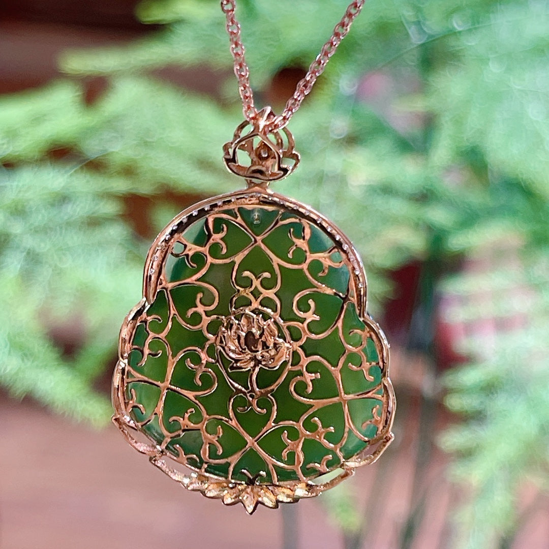 A0633 Exquisite 18K Gold Inlay Green Hetian Jade Laughing Buddha Pendant/Necklace