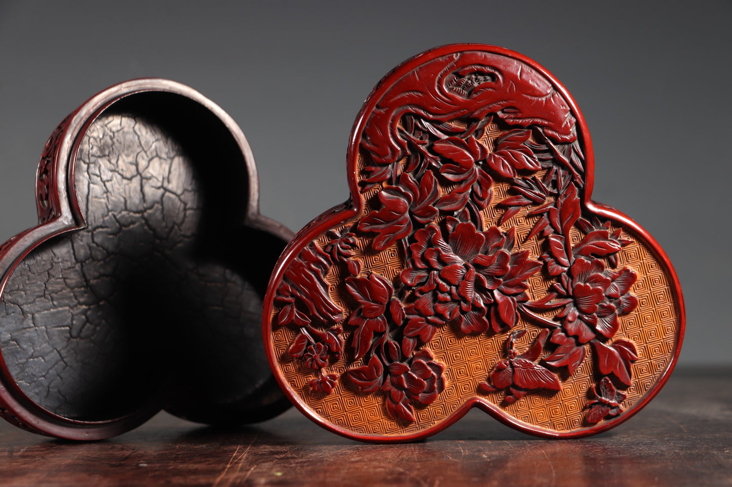 A0634 Chinese Red Lacquerware Low Relief Flowers Design Jewellery Box