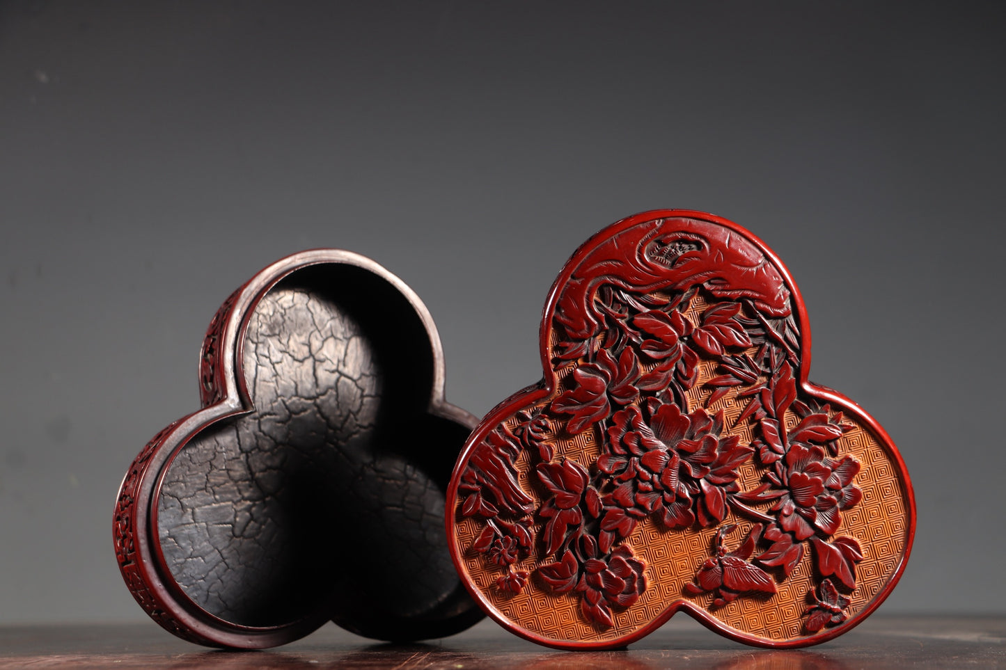 A0634 Chinese Red Lacquerware Low Relief Flowers Design Jewellery Box