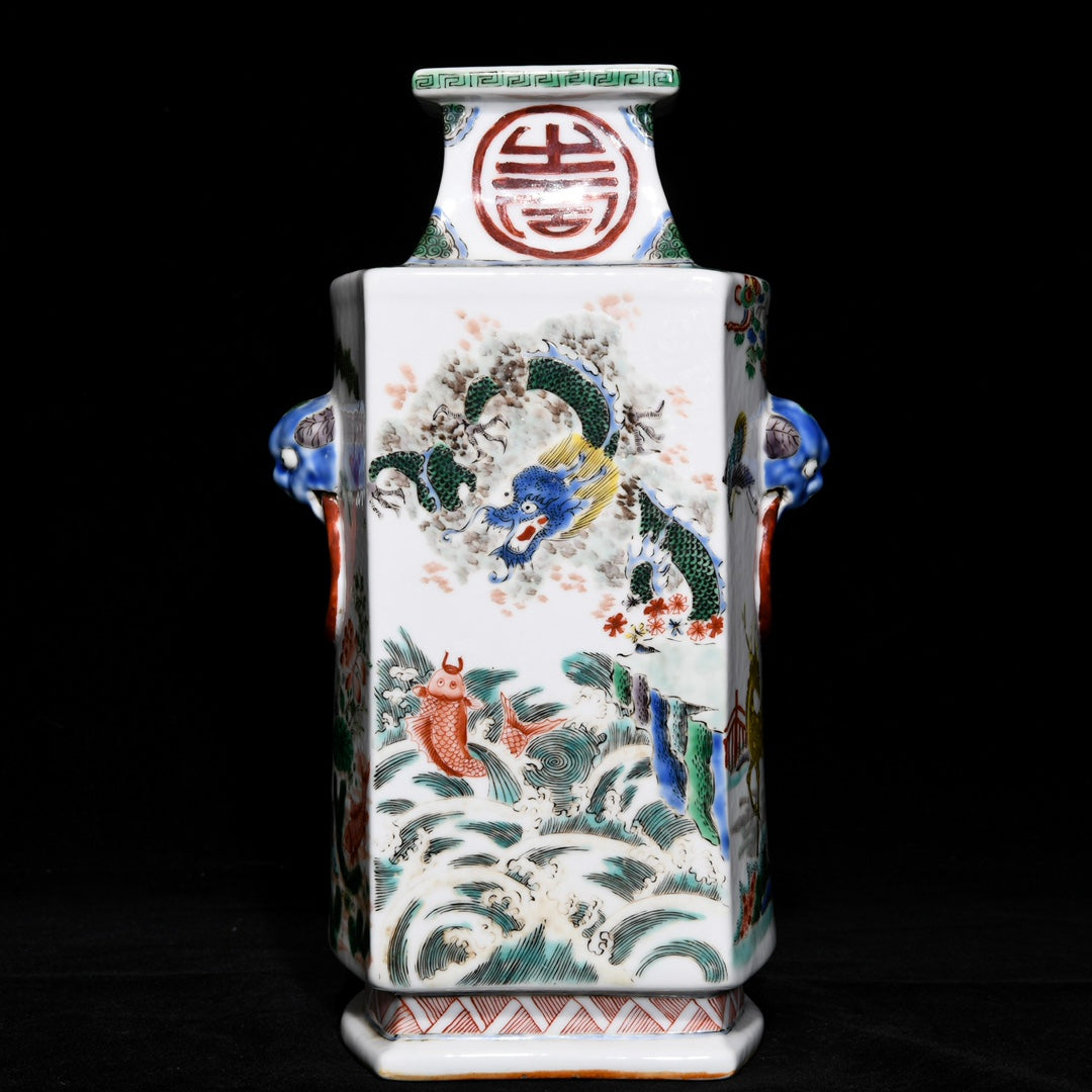 A0641 Chinese Wucai Carp Leaping Over The Dragon Gate Design Porcelain Vase
