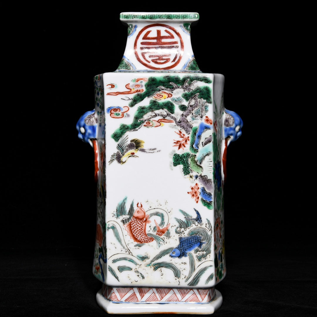 A0641 Chinese Wucai Carp Leaping Over The Dragon Gate Design Porcelain Vase