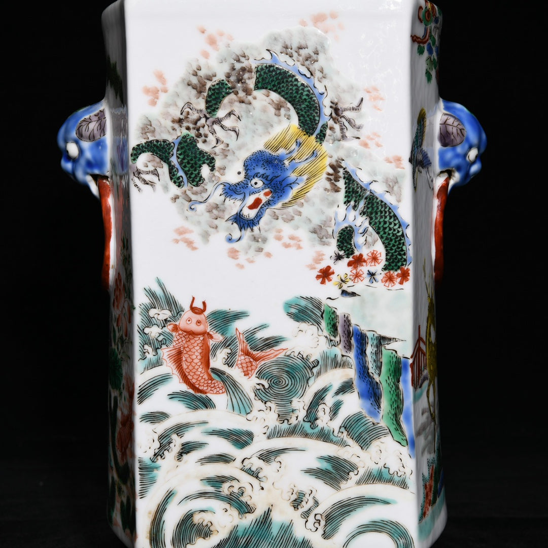 A0641 Chinese Wucai Carp Leaping Over The Dragon Gate Design Porcelain Vase