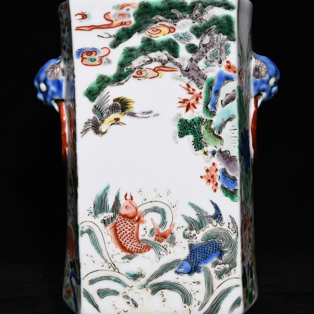 A0641 Chinese Wucai Carp Leaping Over The Dragon Gate Design Porcelain Vase