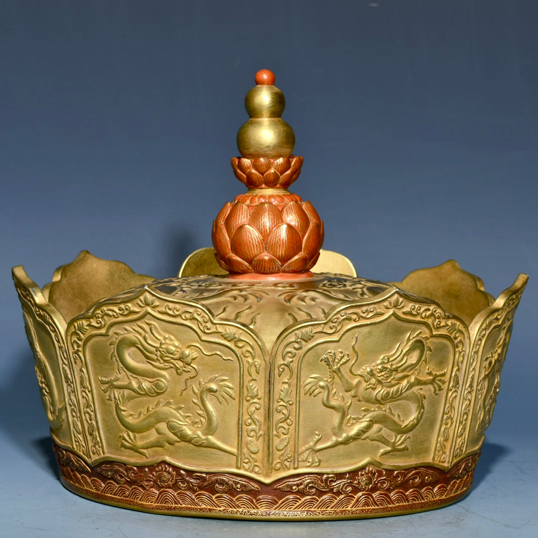 A0644 Chinese Gilt Gold Iron Red Glaze Fortune Dragon Design Porcelain Crown