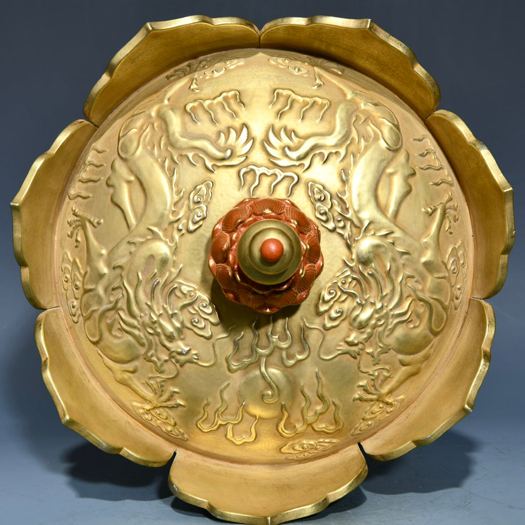 A0644 Chinese Gilt Gold Iron Red Glaze Fortune Dragon Design Porcelain Crown