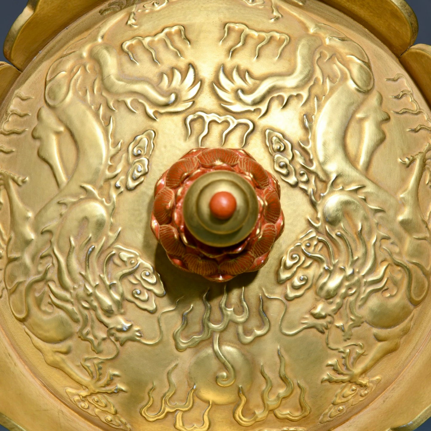 A0644 Chinese Gilt Gold Iron Red Glaze Fortune Dragon Design Porcelain Crown