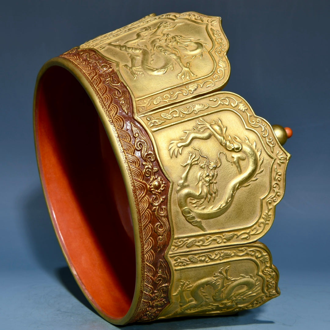 A0644 Chinese Gilt Gold Iron Red Glaze Fortune Dragon Design Porcelain Crown