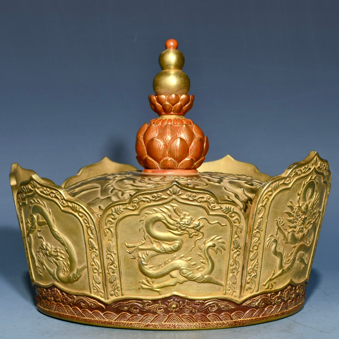 A0644 Chinese Gilt Gold Iron Red Glaze Fortune Dragon Design Porcelain Crown