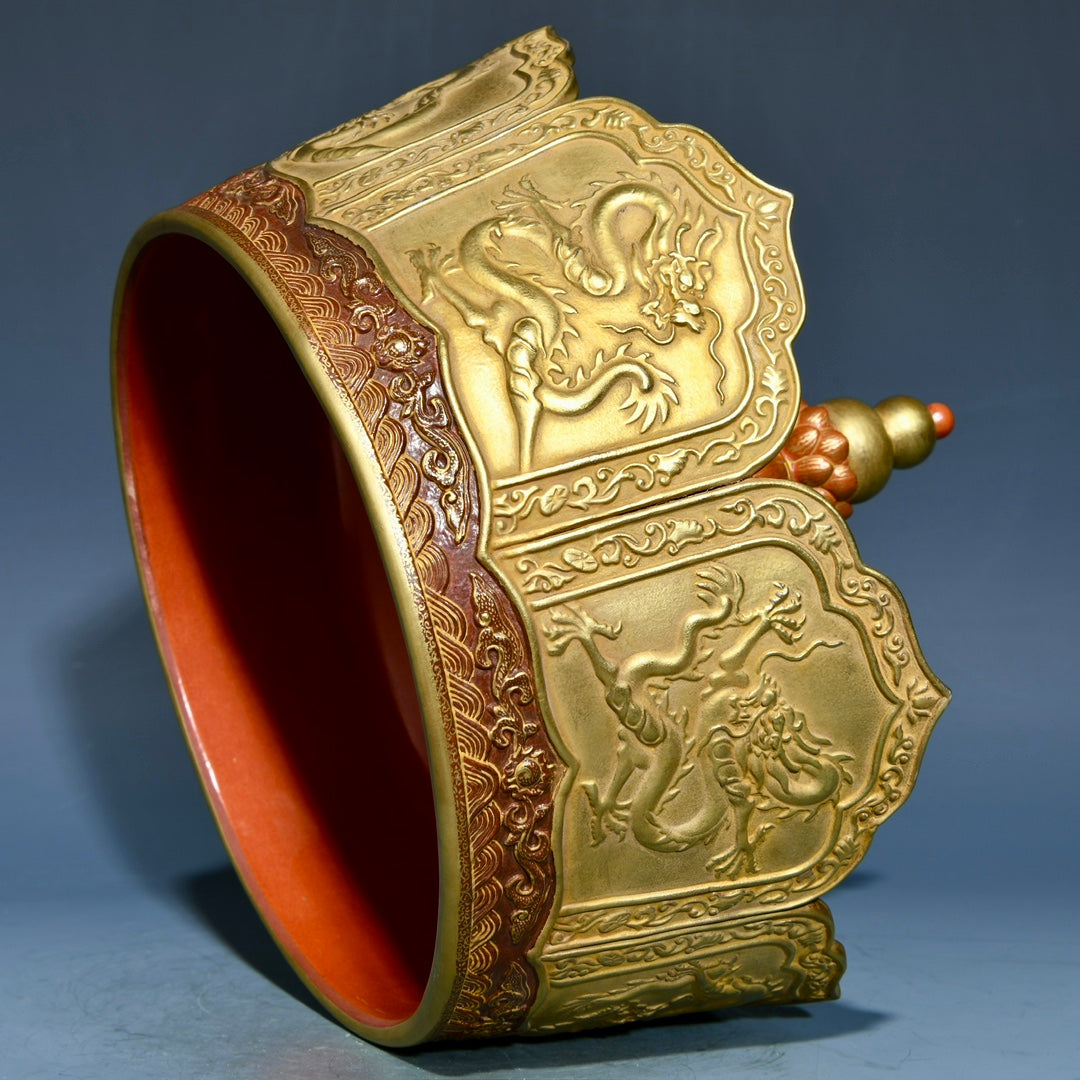 A0644 Chinese Gilt Gold Iron Red Glaze Fortune Dragon Design Porcelain Crown