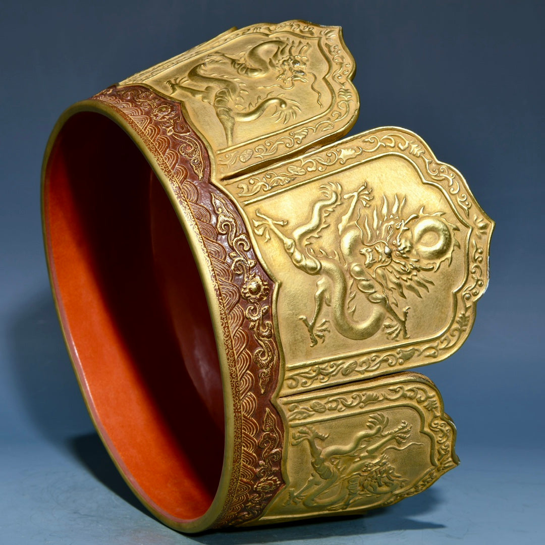 A0644 Chinese Gilt Gold Iron Red Glaze Fortune Dragon Design Porcelain Crown