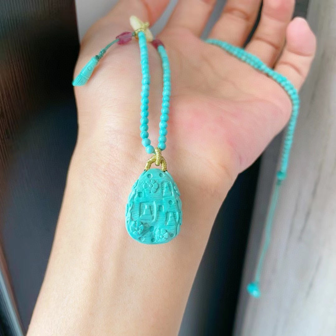 A0646 Exquisite Turquoise Carved Buddha Pendant w Beeswax & Turquoise Beads Necklace