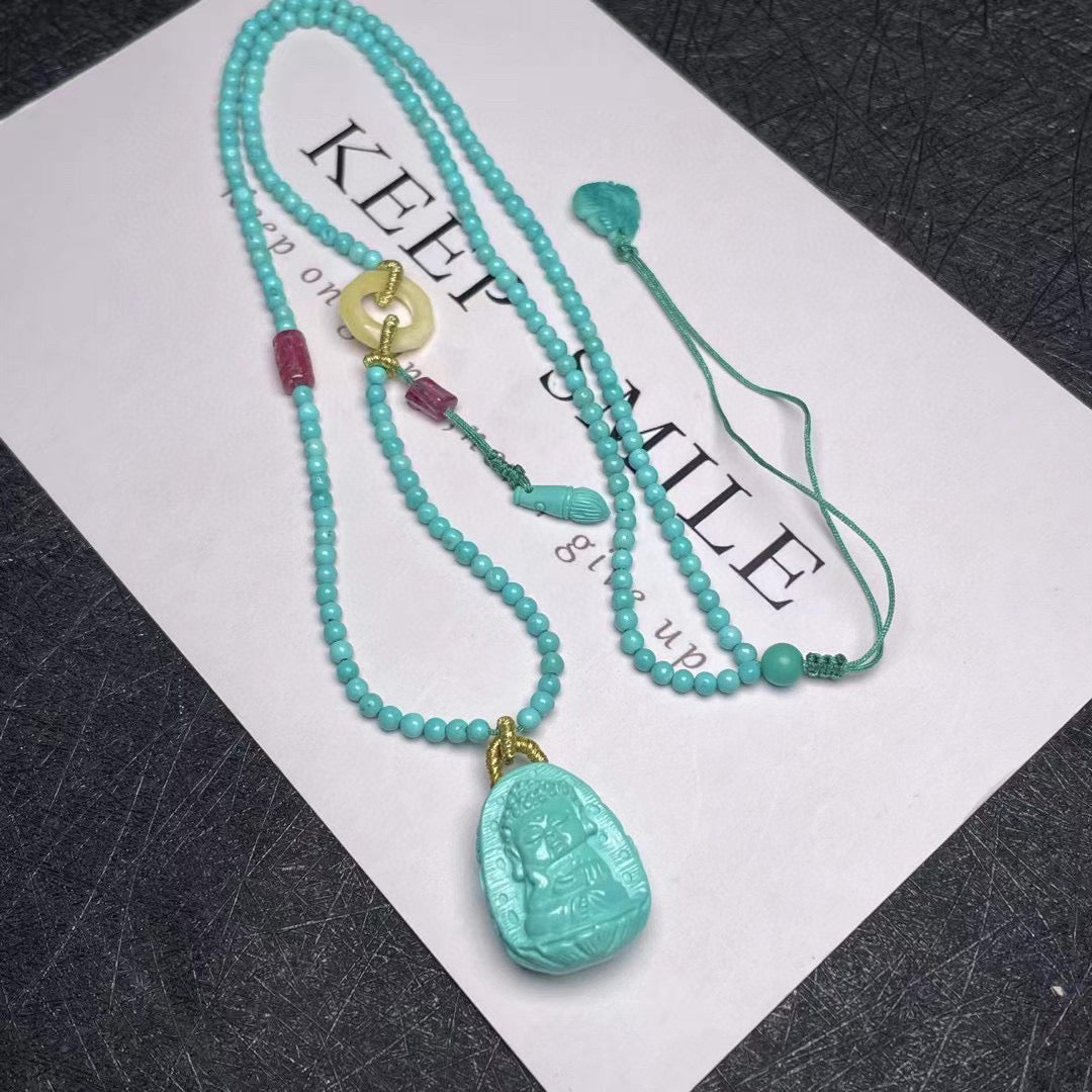 A0646 Exquisite Turquoise Carved Buddha Pendant w Beeswax & Turquoise Beads Necklace