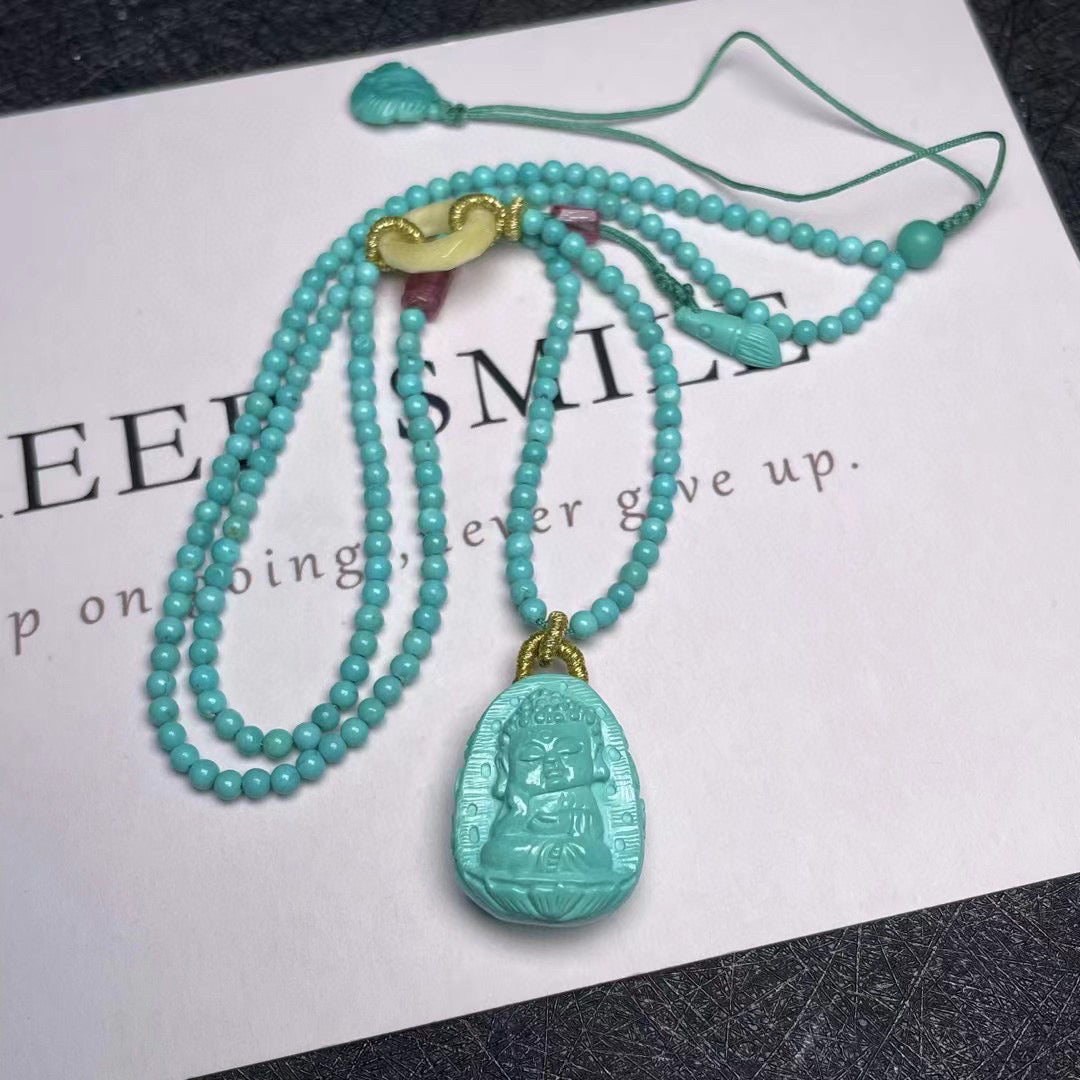 A0646 Exquisite Turquoise Carved Buddha Pendant w Beeswax & Turquoise Beads Necklace