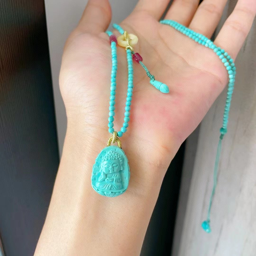 A0646 Exquisite Turquoise Carved Buddha Pendant w Beeswax & Turquoise Beads Necklace