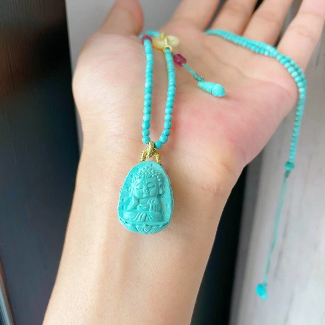 A0646 Exquisite Turquoise Carved Buddha Pendant w Beeswax & Turquoise Beads Necklace