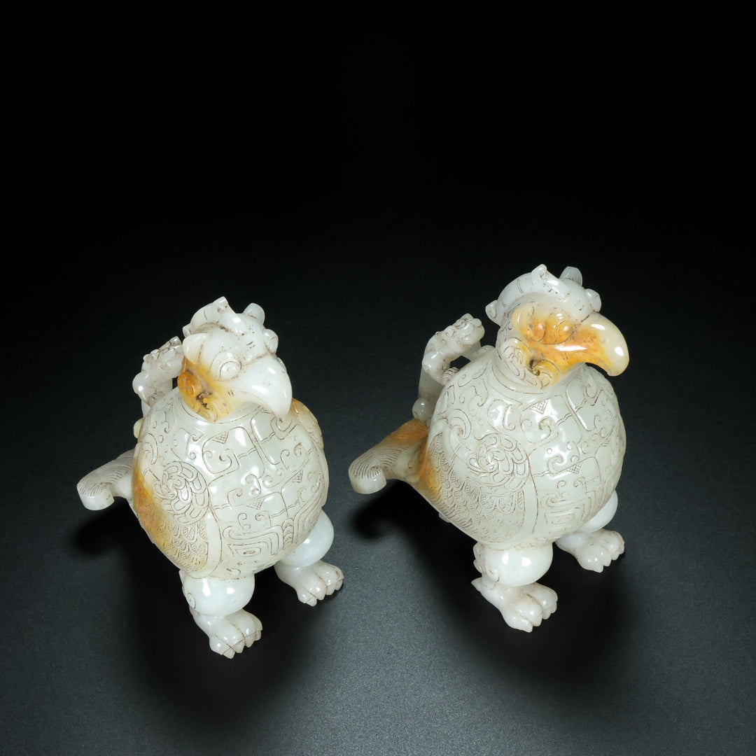 A0647 A Pair Superb Old Chinese Hetian Jade Carved Bird Statue