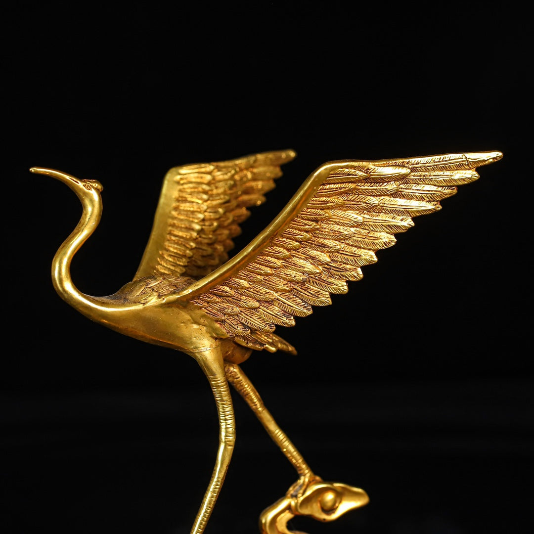 A0650 A Pair Vintage Chinese Gilt Gold Copper Crane Statues
