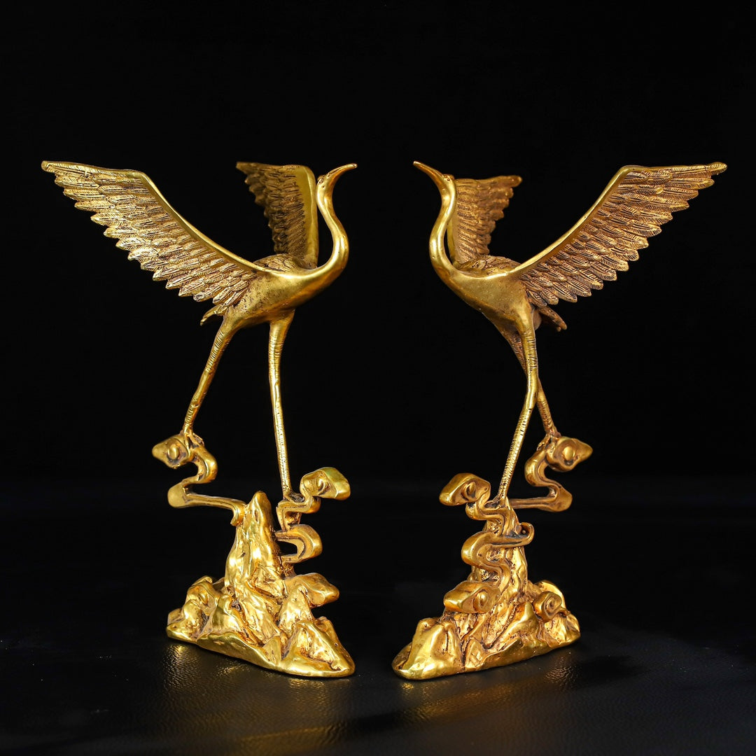 A0650 A Pair Vintage Chinese Gilt Gold Copper Crane Statues