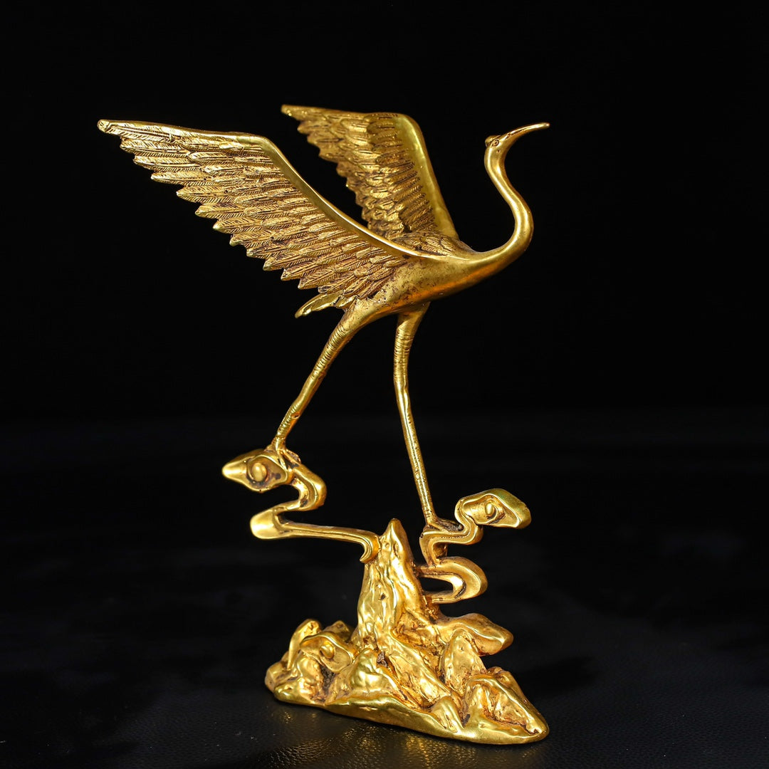 A0650 A Pair Vintage Chinese Gilt Gold Copper Crane Statues